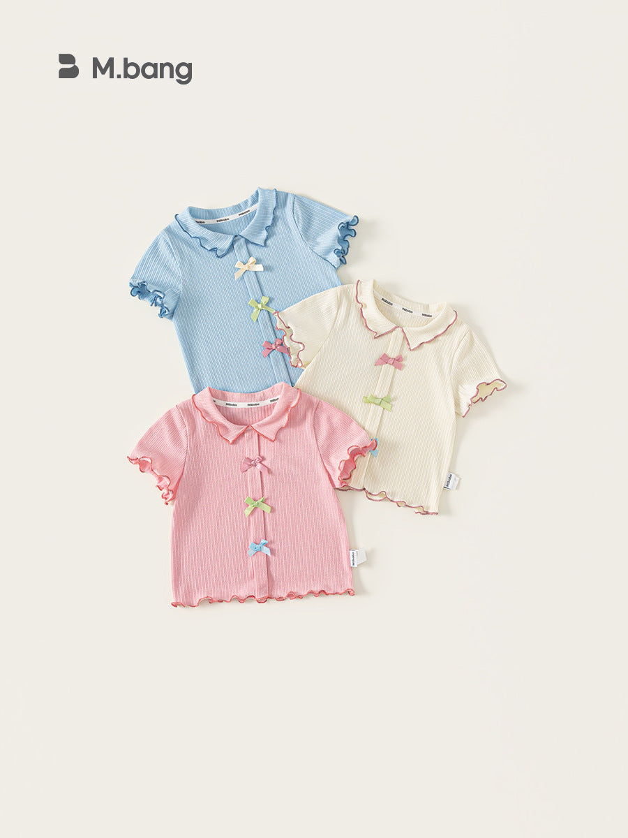 Children's Clothing Bowknot Summer Clothes Wooden Ear Sweet Style Short Sleeve Children's T-shirt