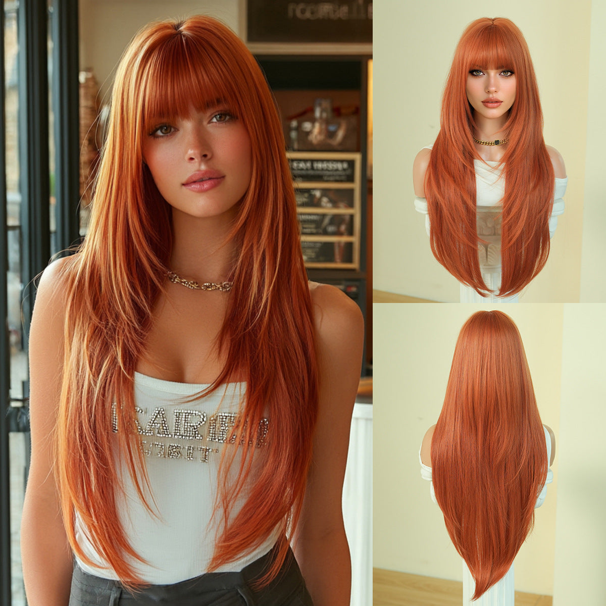 Black Full Top Bangs High Quality Chemical Long Straight Wig
