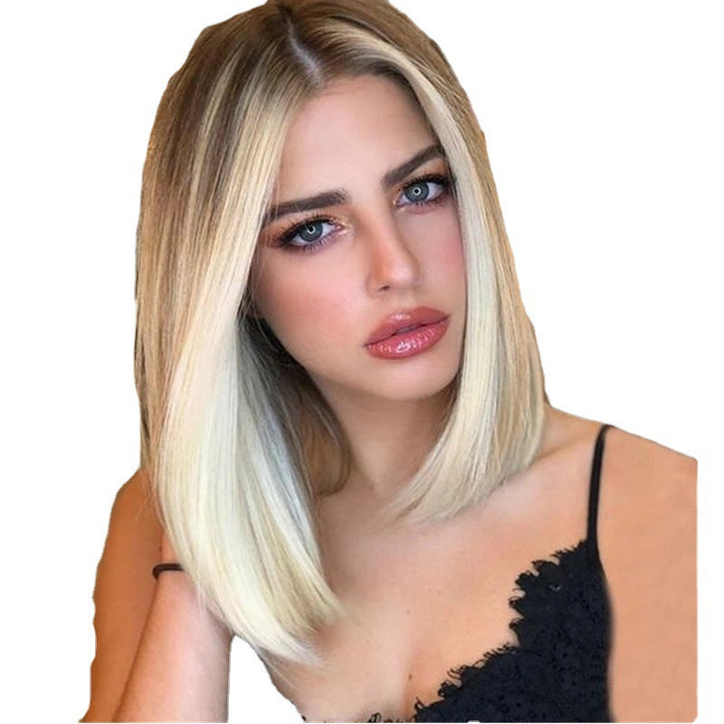 Fashion Mixed Gradient Brown Golden Rose Net Wig Short Straight Hair