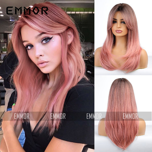 Style Bangs Gradient Pink Mid-length Hair Head Long Straight Wig