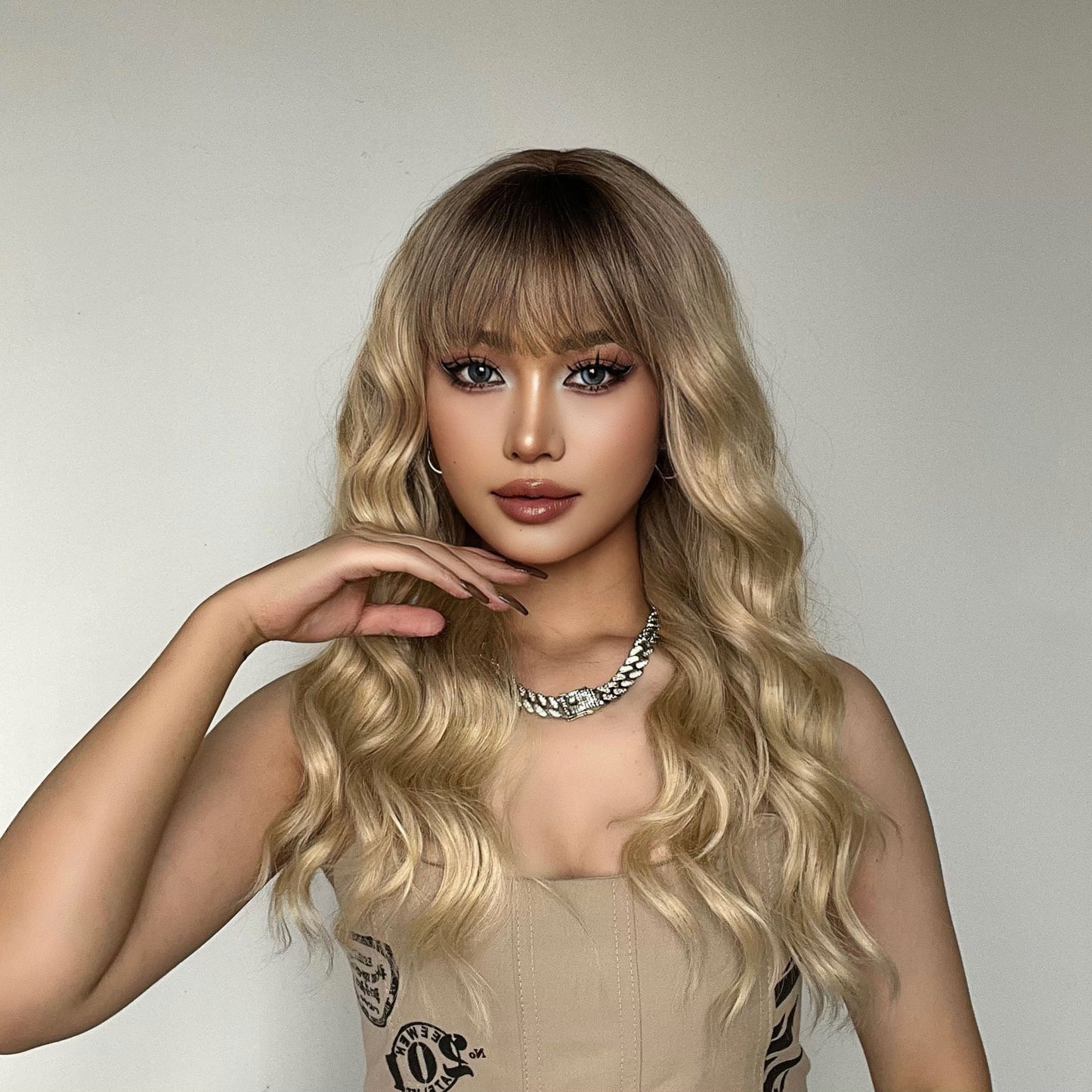 Women's Brown Wigs With Bangs Wave Synthetic Long Straight Wig