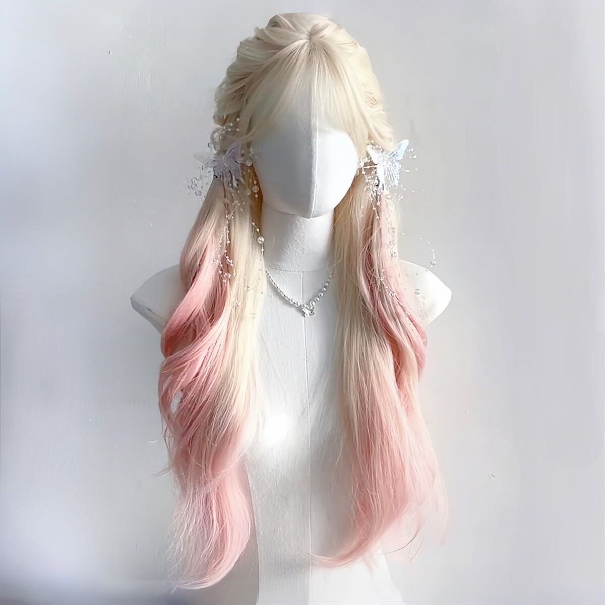 Female Platinum Color Gradient Pink Curly Hair Head Cover Straight Wig Long Curls