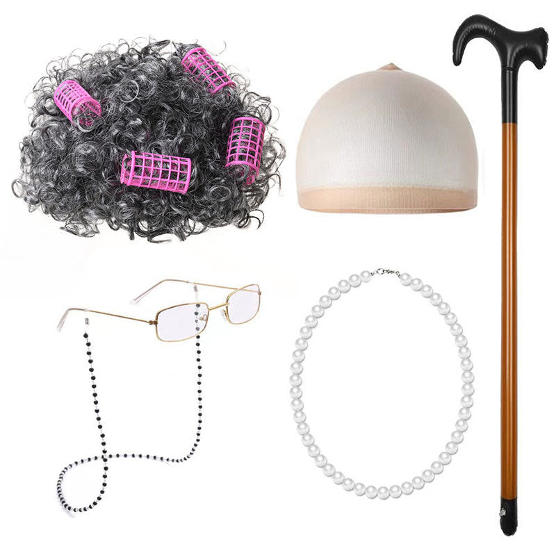 School Day Old Grandma Grandpa Crutches Lady Cos Wig