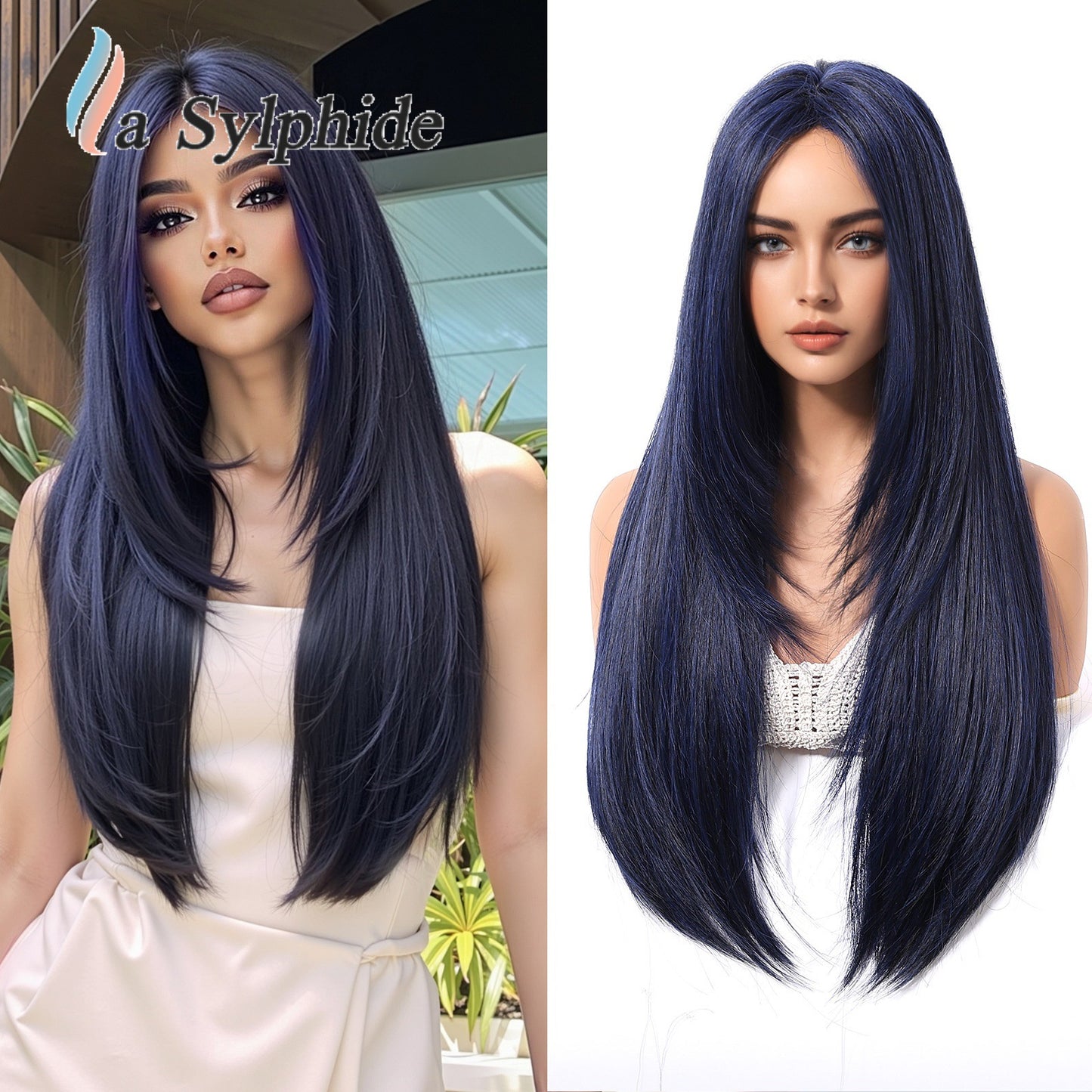 Women's Hair Blue Korean Style Realistic Mid-length Natural Long Straight Wig
