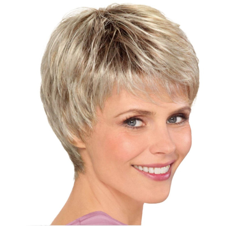 Golden Female Gray Gold Color Head Cover Wig Short Curly Hair