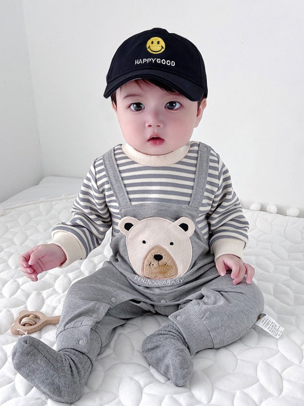 Striped Embroidered Bear Fleece-lined Jumpsuit Class Born Rompers Jumpsuit, Climbing Suit