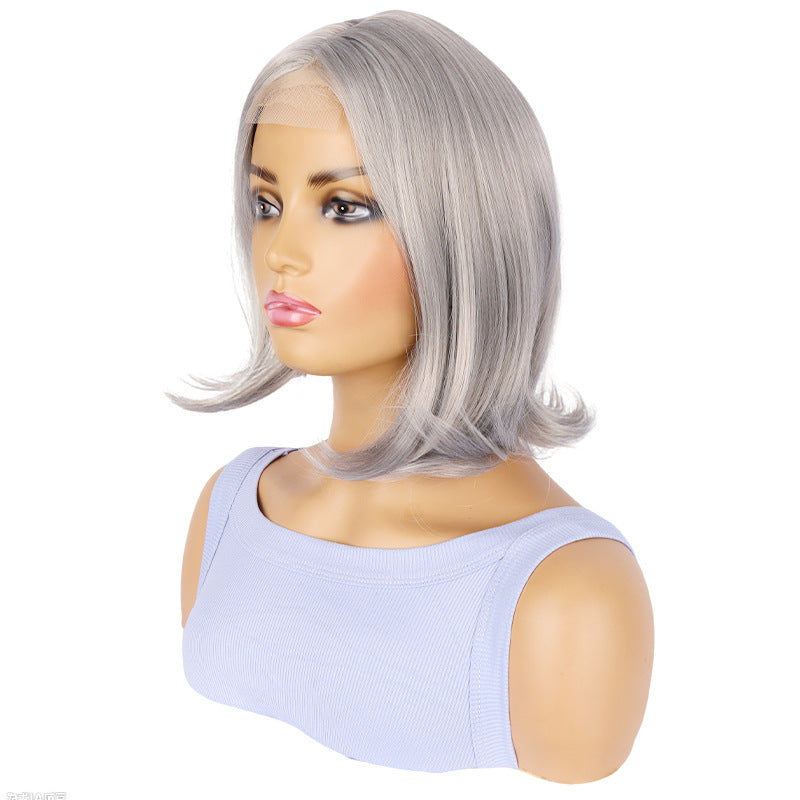 Women's Fashion Small Lace Gray Mid-length Head Wig Short Curly Hair