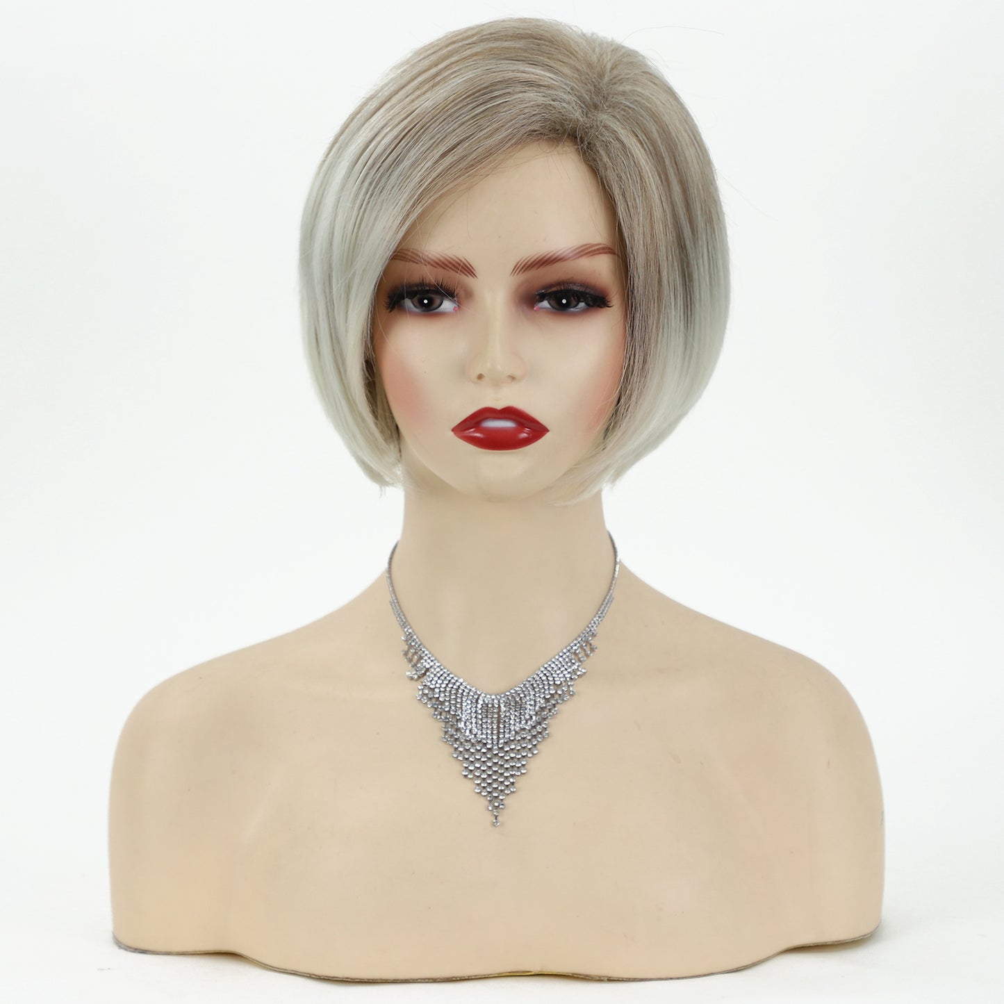 Female Gradient White Gold Color Split Wig Short Straight Hair