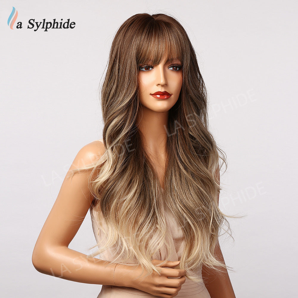 Bangs Female Mechanism Chemical Fiber Golden Long Real Hair Wig