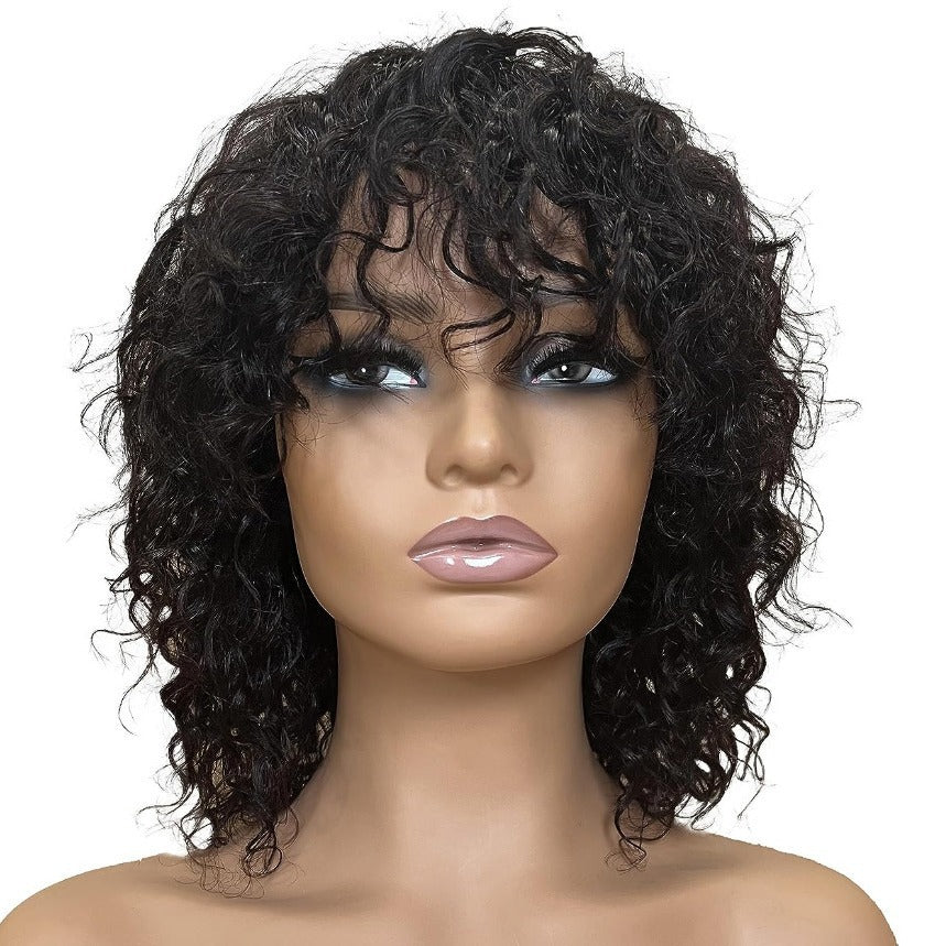 Women's Black Short Curly Hair With Bangs Hand Wrapped Small Chemical Wig Long Curls