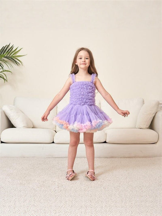 Children's Purple Princess Suspender Layered Mesh Bubble Skirt Performance Children's Dress