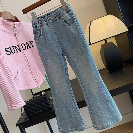 Children's Trousers Rhinestone Denim Fleece-lined Thickened Slim Fit Children's Pants