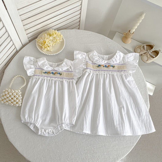 Summer French Floral Smocking Flounced Sleeve Skirt Crawling Children's Dress