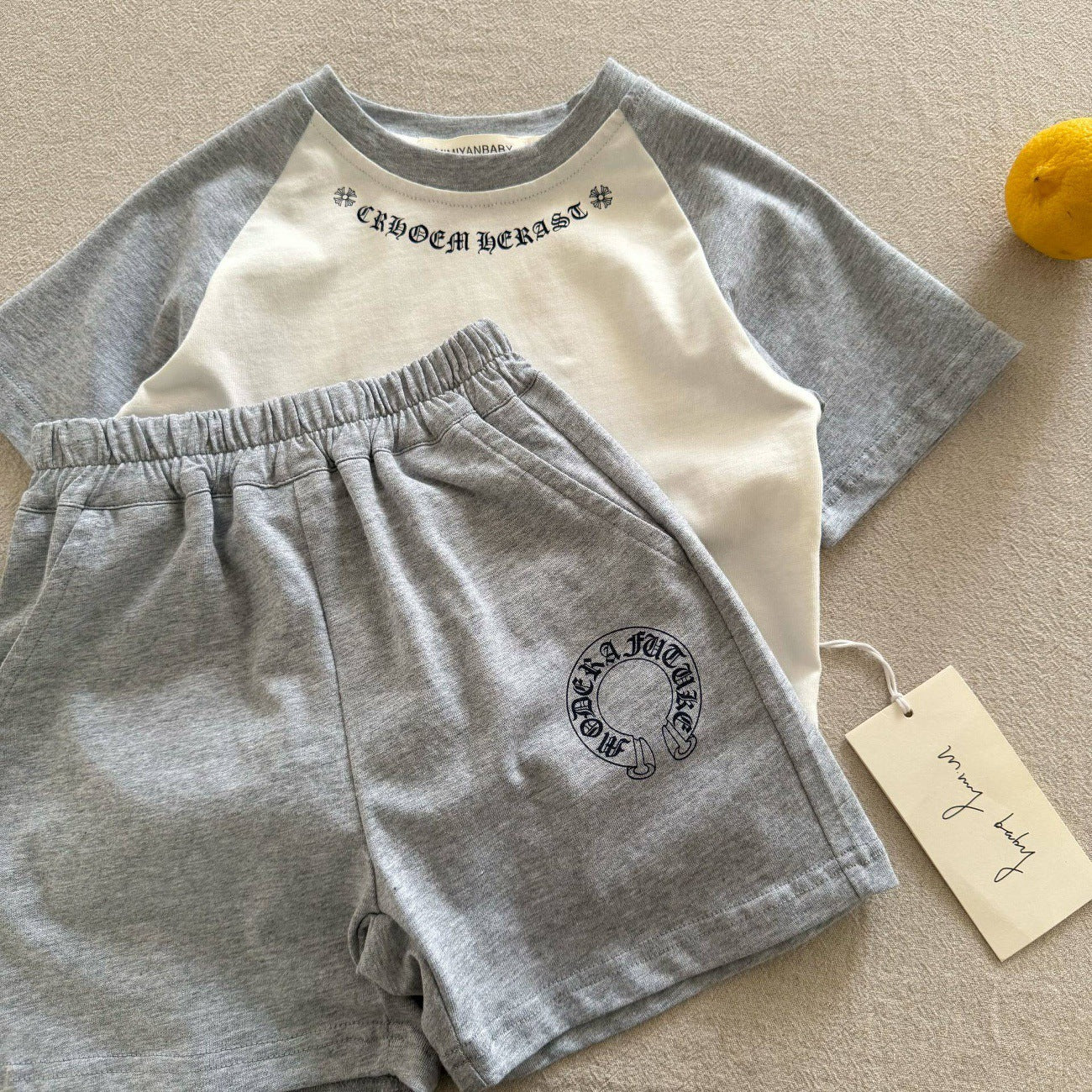 Women's & Men's Short-sleeved Two-piece Suit Korean Summer Raglan Sleeve Shorts Children's T-shirt