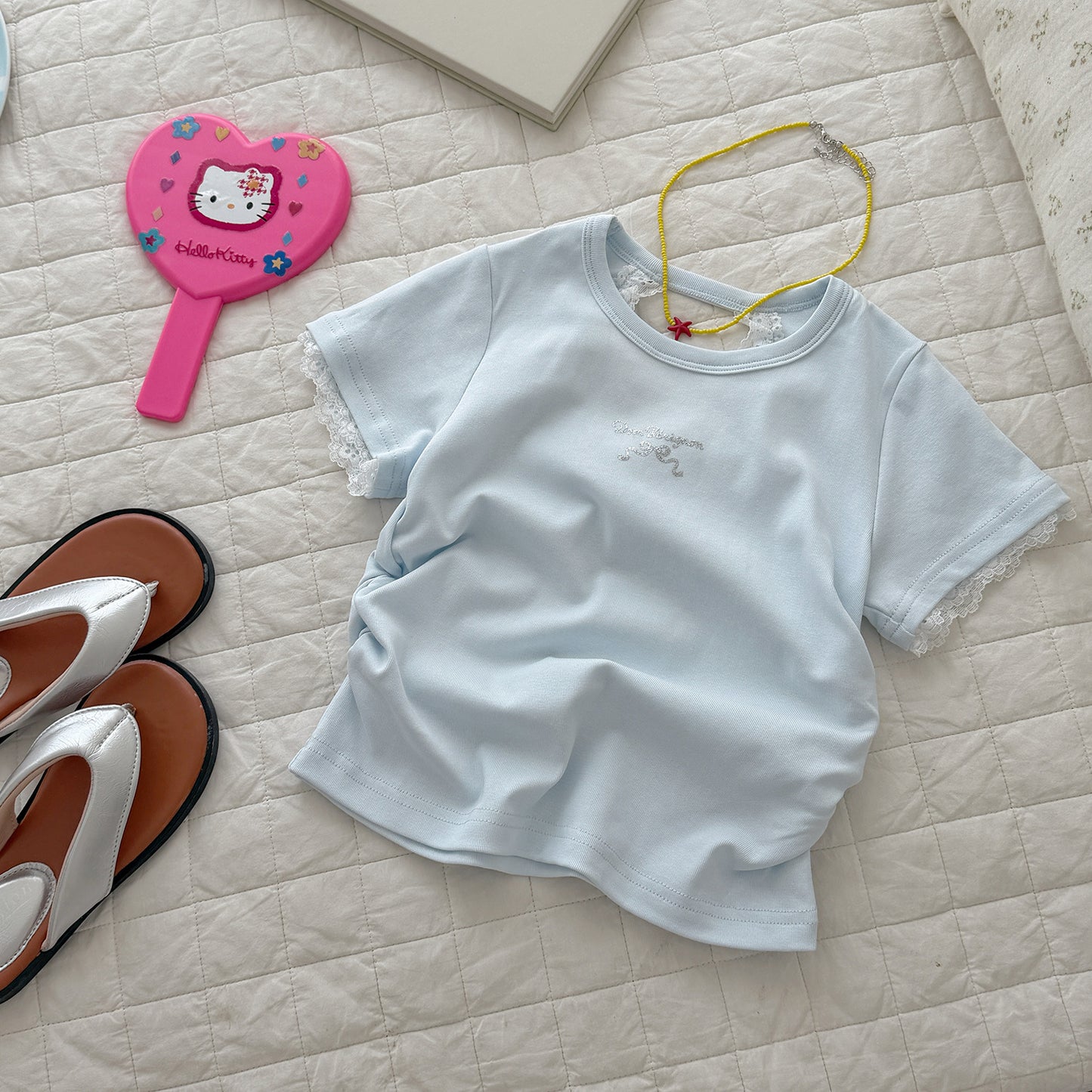 Children's Xie Summer Short-sleeved Lace Solid Color Bottoming Children's T-shirt