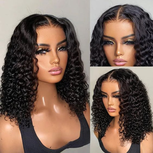 Frontal Human Double Drawn Water Wave Wig Short Curly Hair