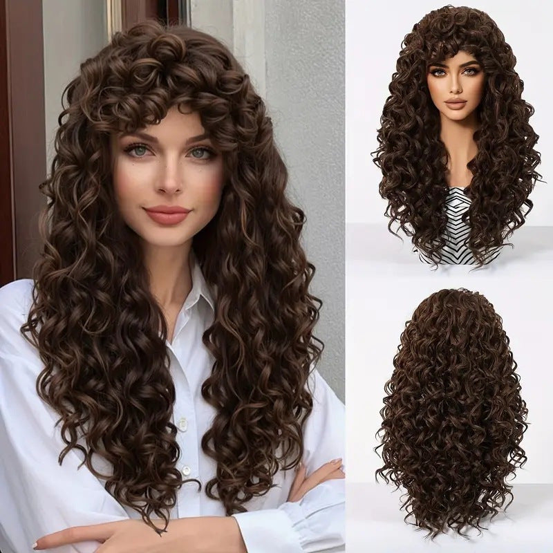 Fashion Fluffy Natural Air Bangs Small Roll Rose Net Head Wig Long Curls