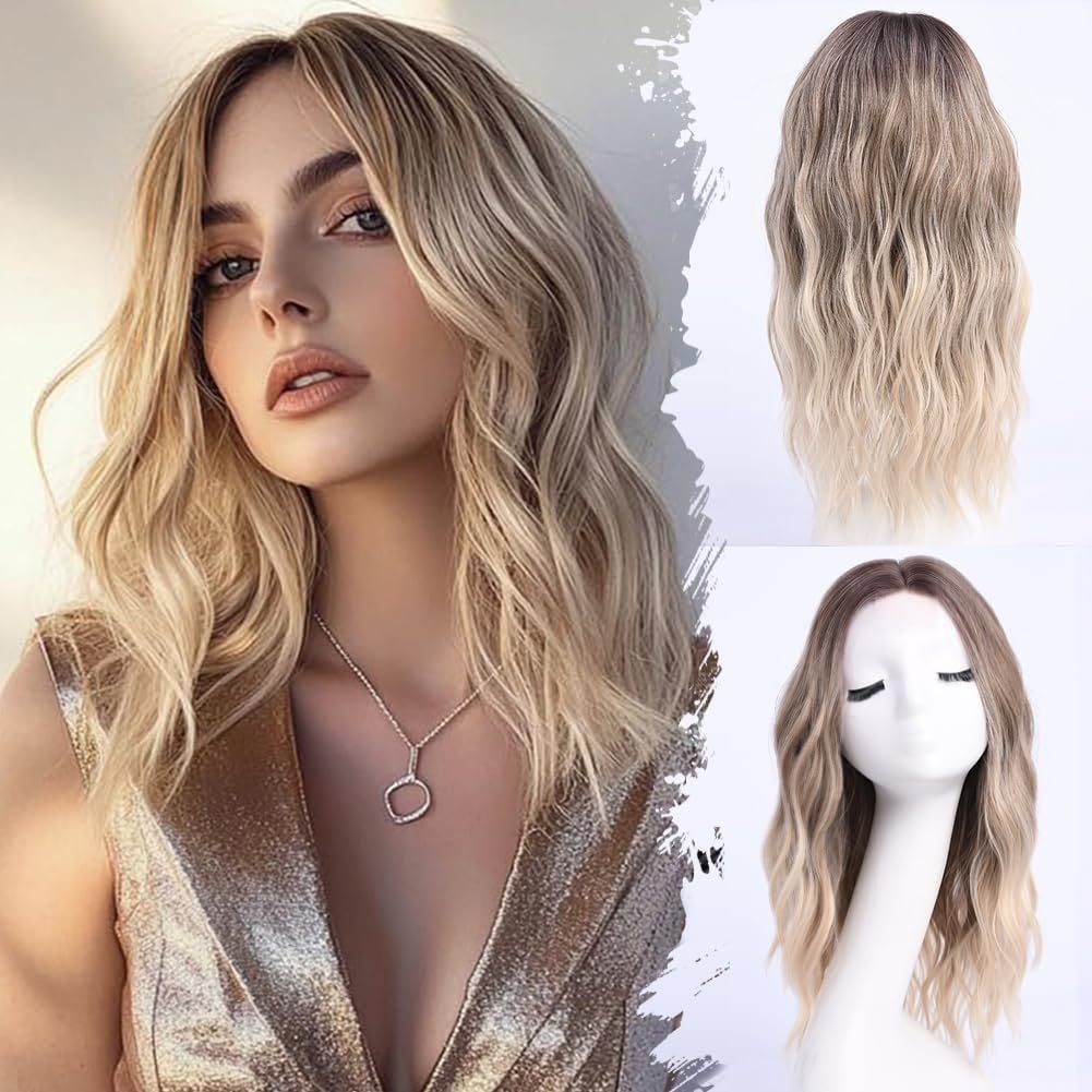 Medium Gradient Golden Curly Hair Female Big Wave Wig Long Curls