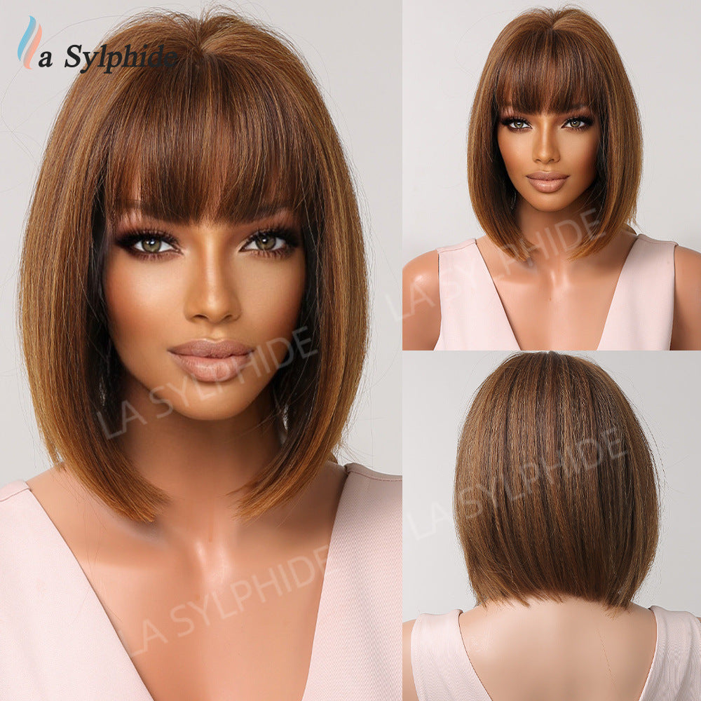 Women's Bangs Brown Gradient Sier Head Daily Wig Short Straight Hair