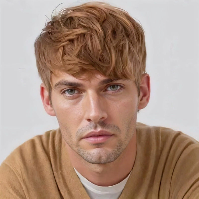 Men's Hair Brown Fluffy Black Curly Side Bangs Men's Wig