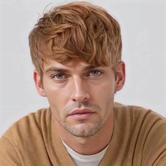 Men's Hair Brown Fluffy Black Curly Side Bangs Men's Wig