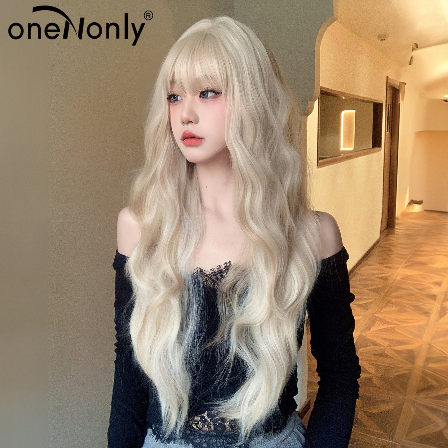 Women's Korean Curly Hair Bangs Big Wave Simulation Natural White Wig Long Curls