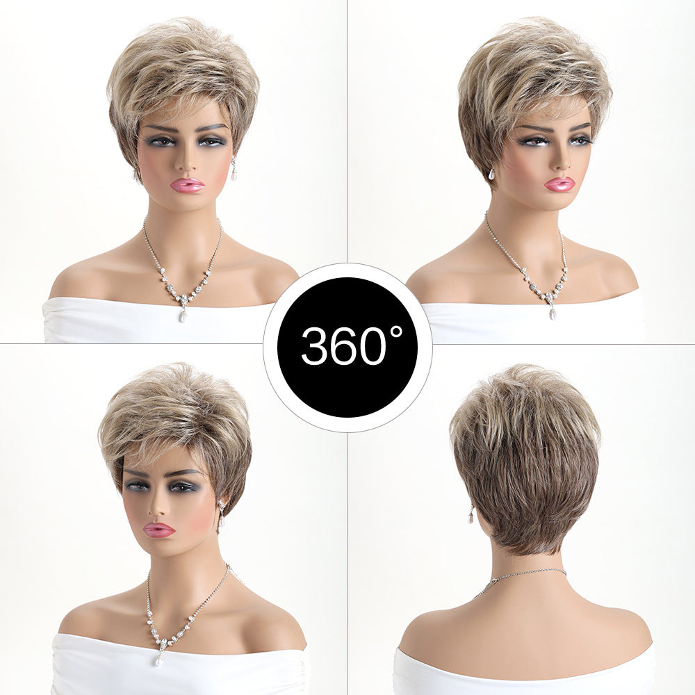 Women's Fashion Side Bangs Mixed Golden Curly Head Wig Short Straight Hair