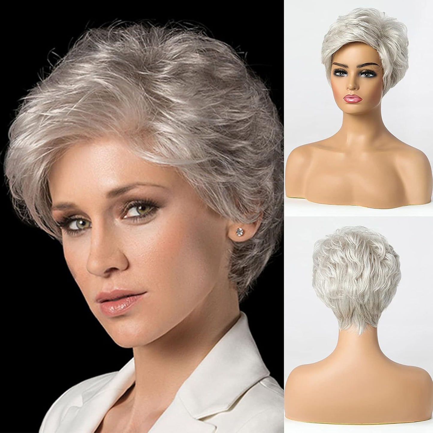 Women's Natural Layered Elf Gray White Partial Fashion Head Wig Short Straight Hair