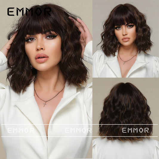 Female Straight Bangs Black Brown Shoulder Wig Short Curly Hair