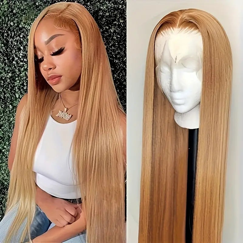 Fashionable Golden Medium Length Front Lace Long Straight Wig
