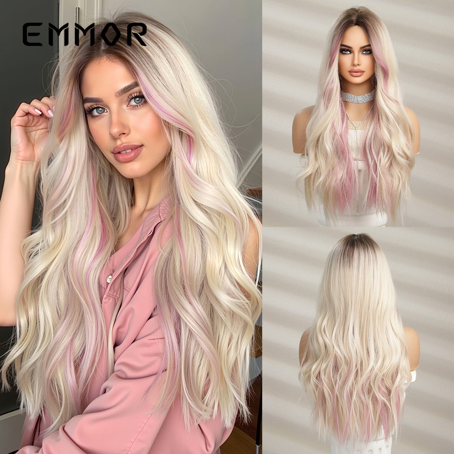 Natural Medium Gradient Gold Highlight Dyed Pink Curly Hair Full Wig Long Curls