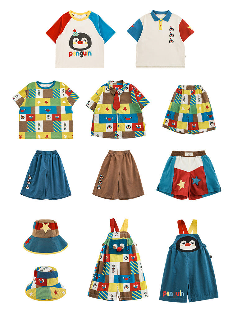 Short Sleeve T-shirt Blouse Loose-fitting Overalls Penguin Series Suit Children's Shirt