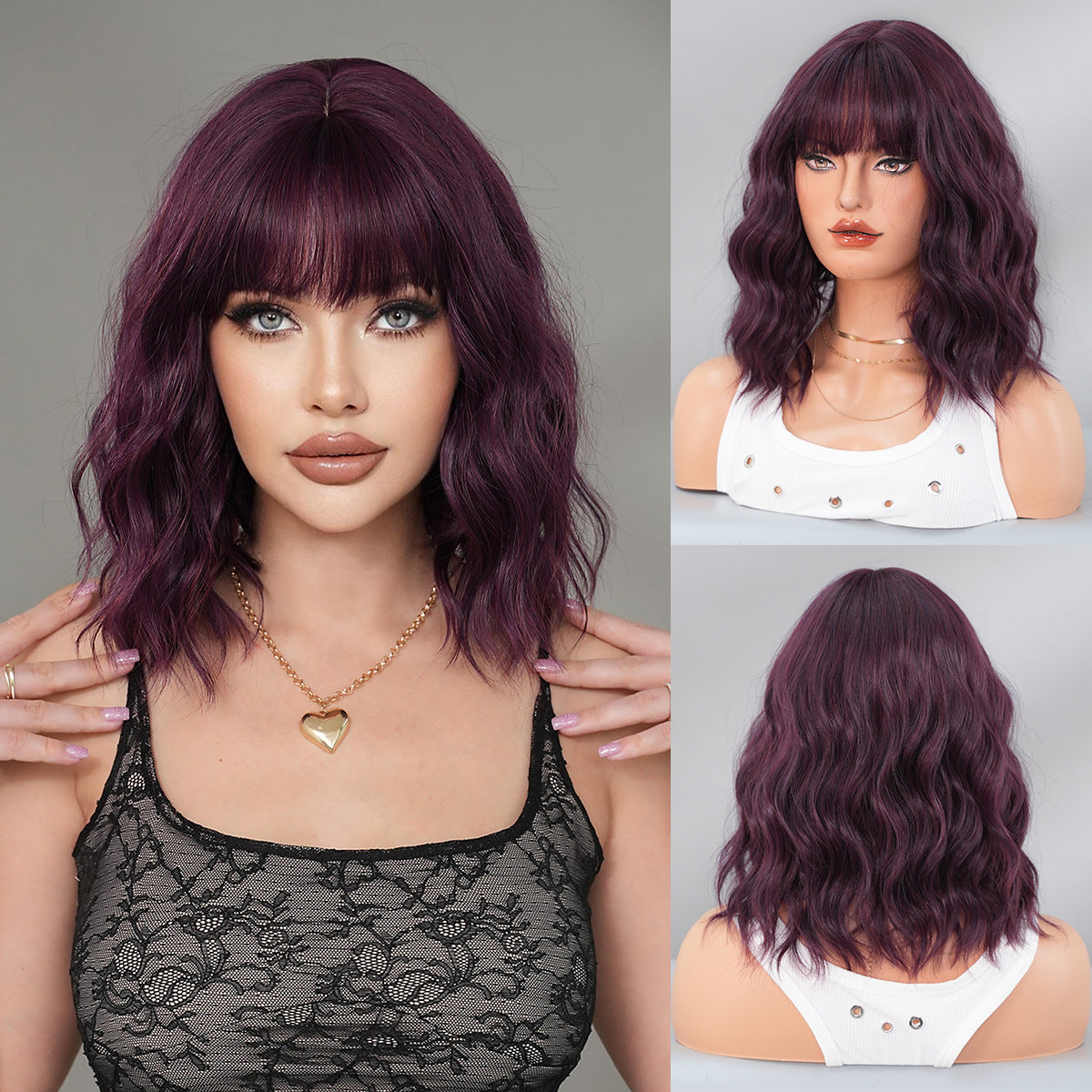 Gradient Blue Female Straight Bangs Water Ripple Head Chemical Wig Short Curly Hair