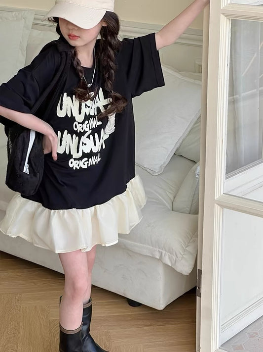 Children's Letter Print Fake Two-piece Skirt Summer Sweet Cool Style Ruffled Children's Dress