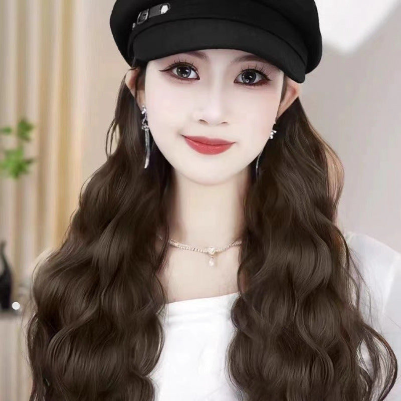 Artistic Leather Ring Octagonal Cap Water Wig Long Curls