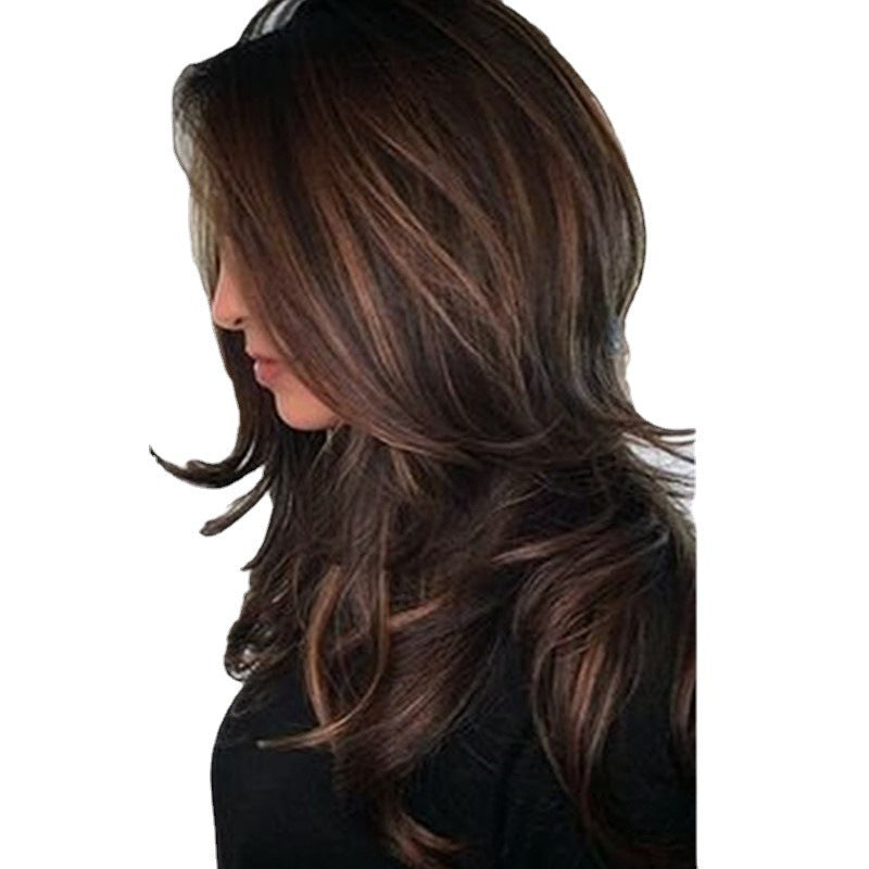 Women's Brown Highlights Gradient Curly Hair Fluffy Pear-shaped Roll Inner Buckle Wig Long Curls