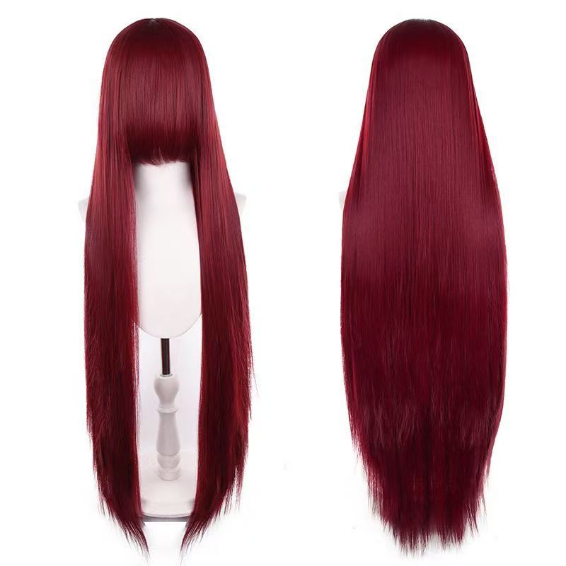 Universal Round Head Leather Top Length Bangs Mao Shape Rose Long Straight Wig