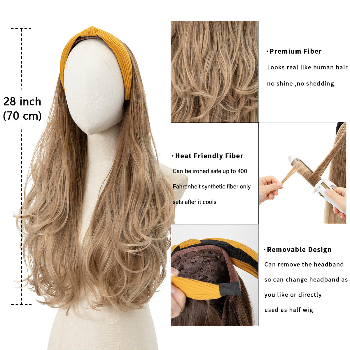 Female Hair Replacement Curly Headband Half Headgear Big Wig Long Curls