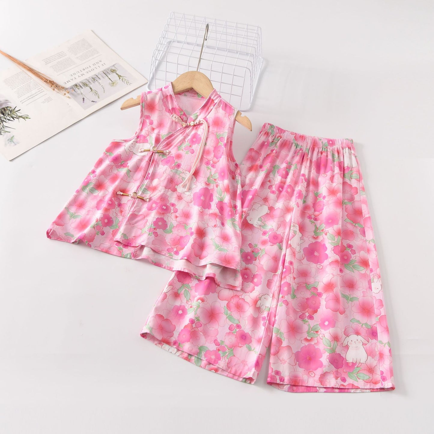 Children's Cool Summer Vest Shorts Poplin Pajamas Artificial Cotton National Children's Suit