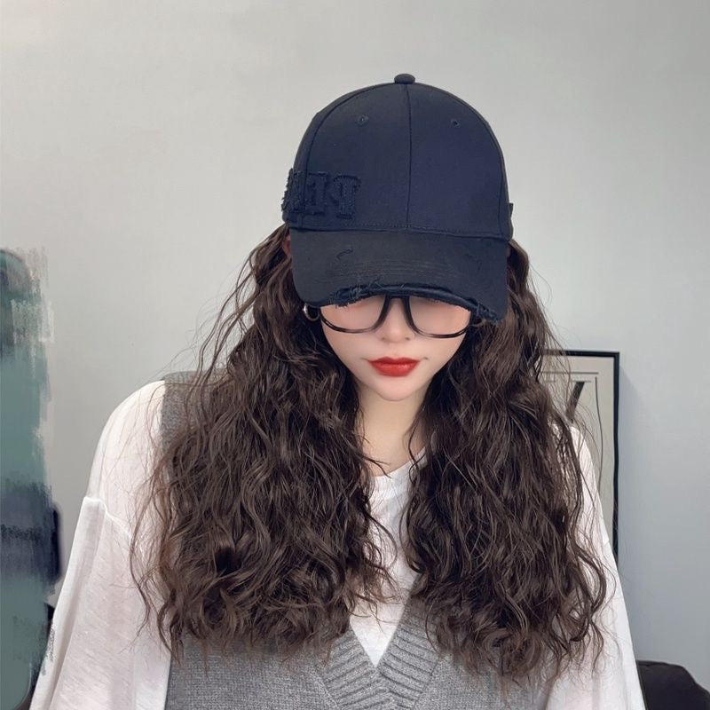 Side Seam Label Peaked Cap Baseball Integrated Trend Hat Wig Long Curls