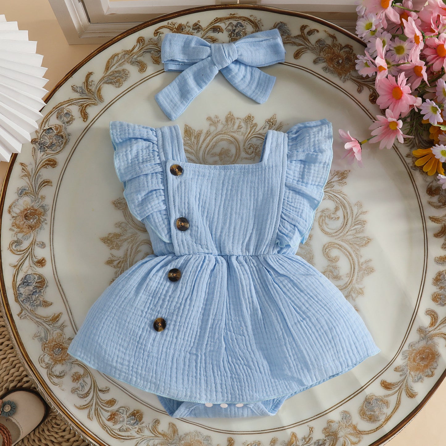 Sleeve Square Collar Crepe Chine Fabric Hair Band Sweet Triangle Children's Dress