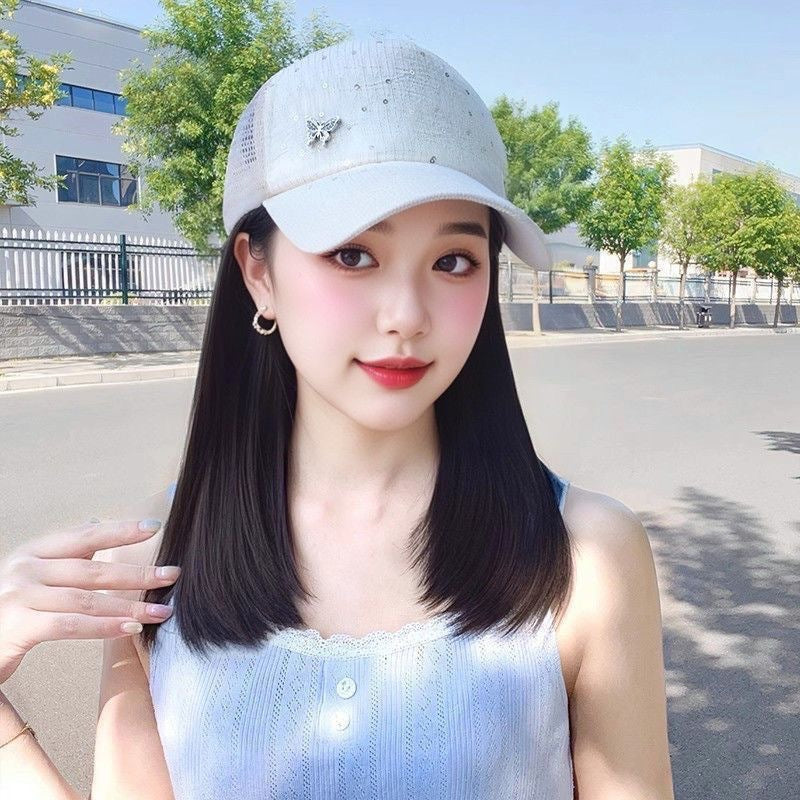 Hollow Inner Buckle Baseball Cap Collarbone Net Long Straight Wig