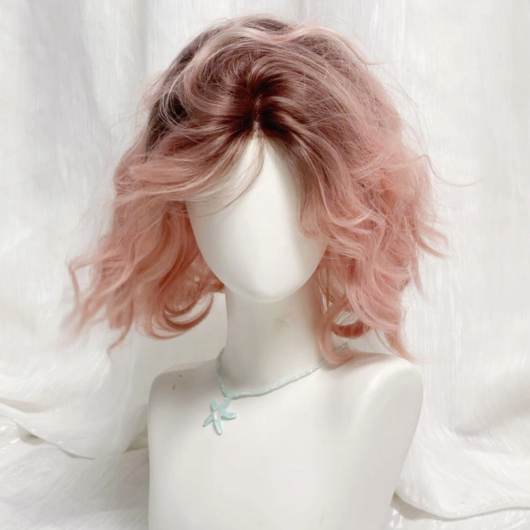 Pink Gradient Egg Roll Artificial Daily Wig Short Curly Hair