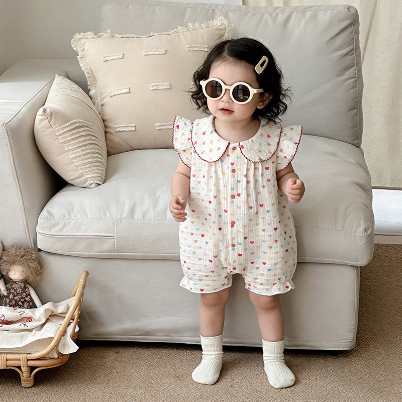 Love Full Printed Rompers Lotus Leaf Flounced Sleeve Lace Lapel Jumpsuit, Climbing Suit