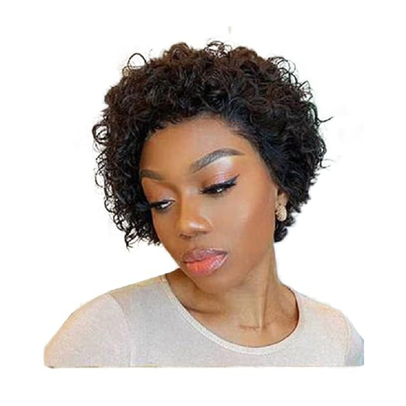 Women's African Black Small Head Cover Fiber Wig Short Curly Hair