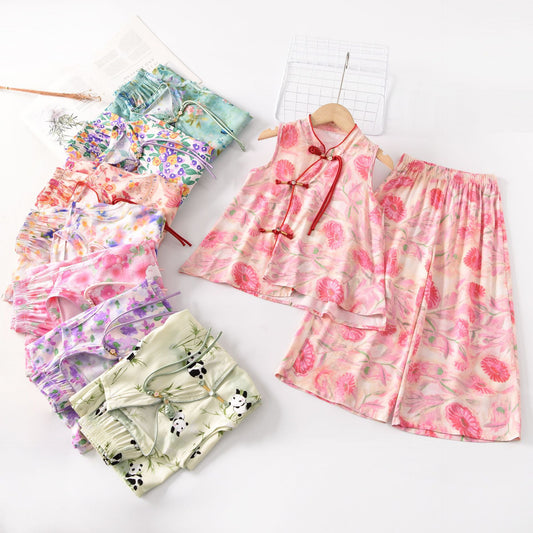 Children's Cool Summer Vest Shorts Poplin Pajamas Artificial Cotton National Children's Suit