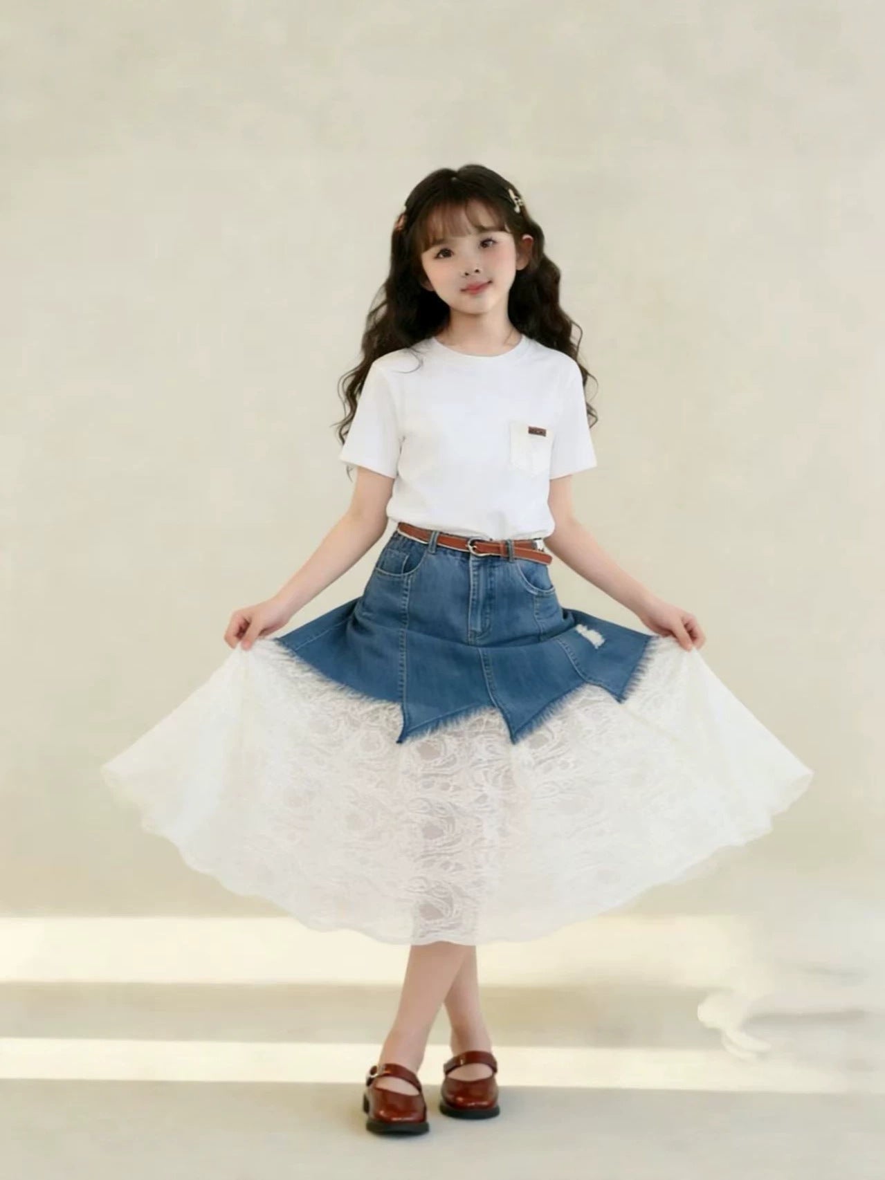 Children's Summer Short-sleeved Denim Lace Skirt Western Children's Suit