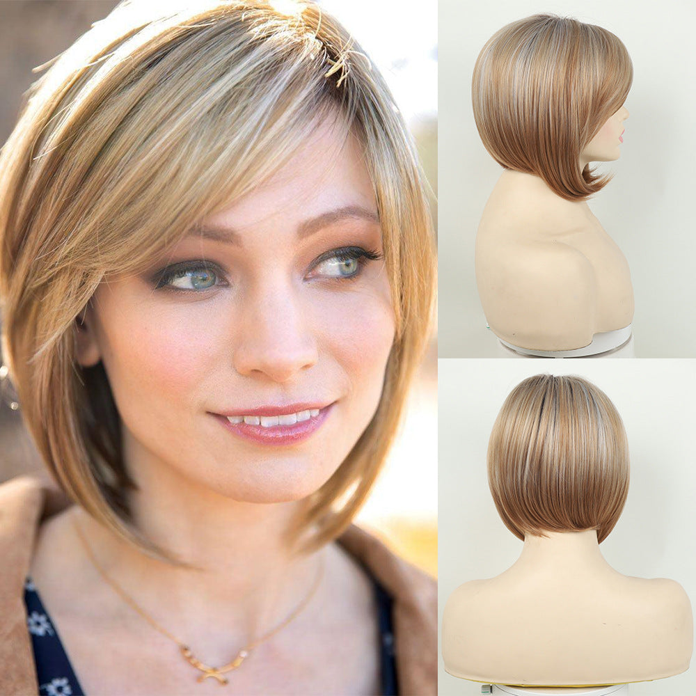 Women's Golden Brown Highlights Side Bangs Chemical Wig Short Curly Hair