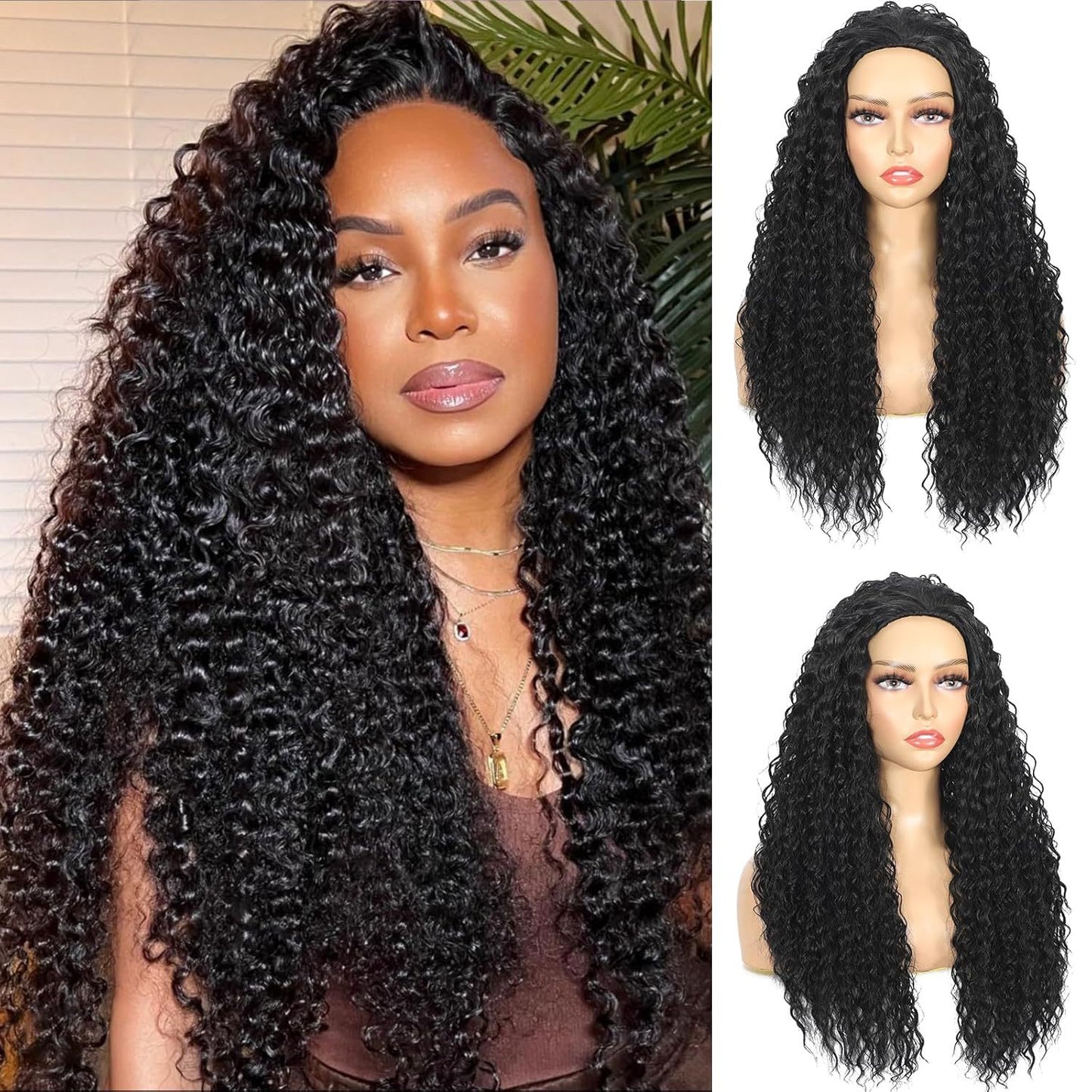 Women's Black Small Curly Hair Three-in-one Synthetic Wigs Wig Long Curls