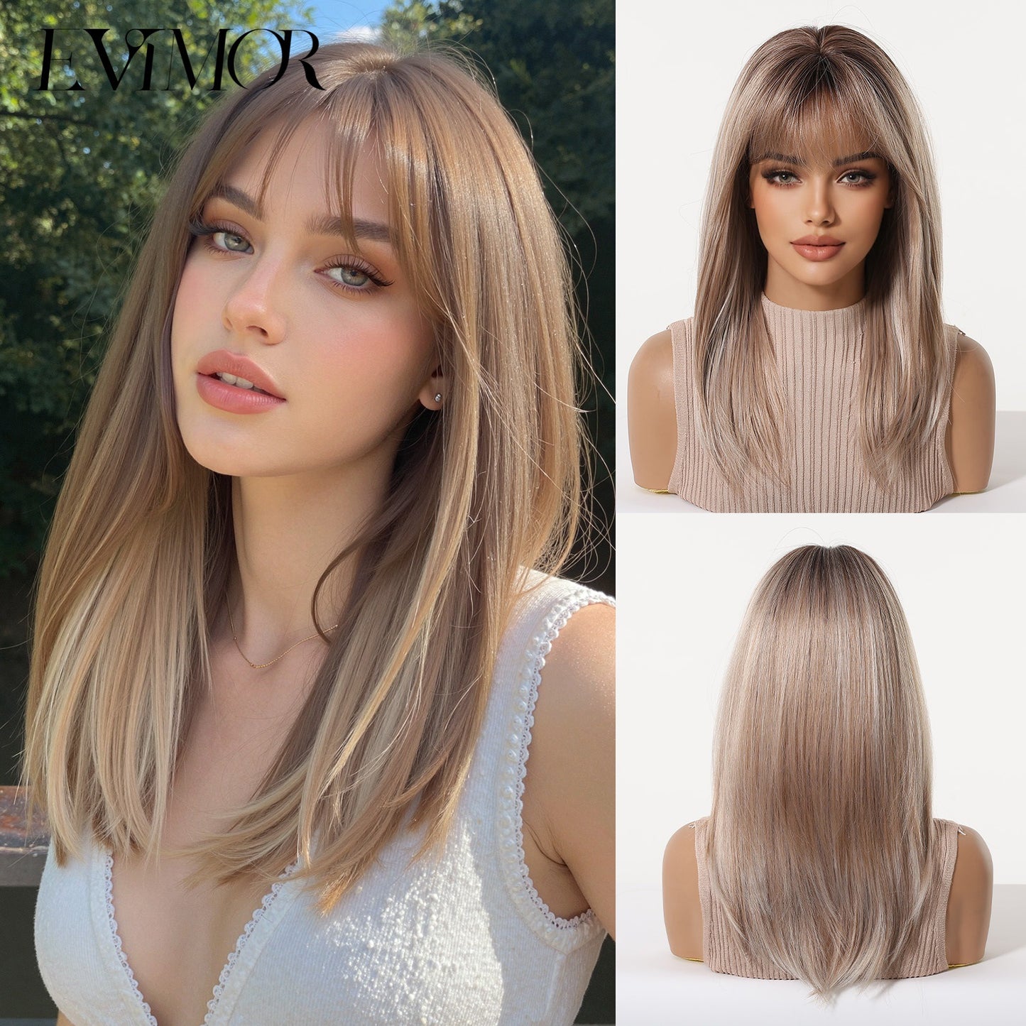 Gradient Brown Collarbone Length Haircut Natural Long Straight Wig